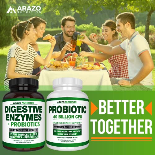 Digestive Enzymes With Probiotics - Multi Enzyme Nutritional Supplement - Acidophilus Bromelain Papaya Papain Lipase & Lactase - Improve Digestion - 120 Pills - Arazo Nutrition #TOP5