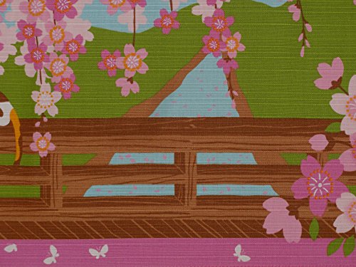Image of Furoshiki Cat on Bridge with Cherry Blossoms Motif Japanese Fabric 50cm