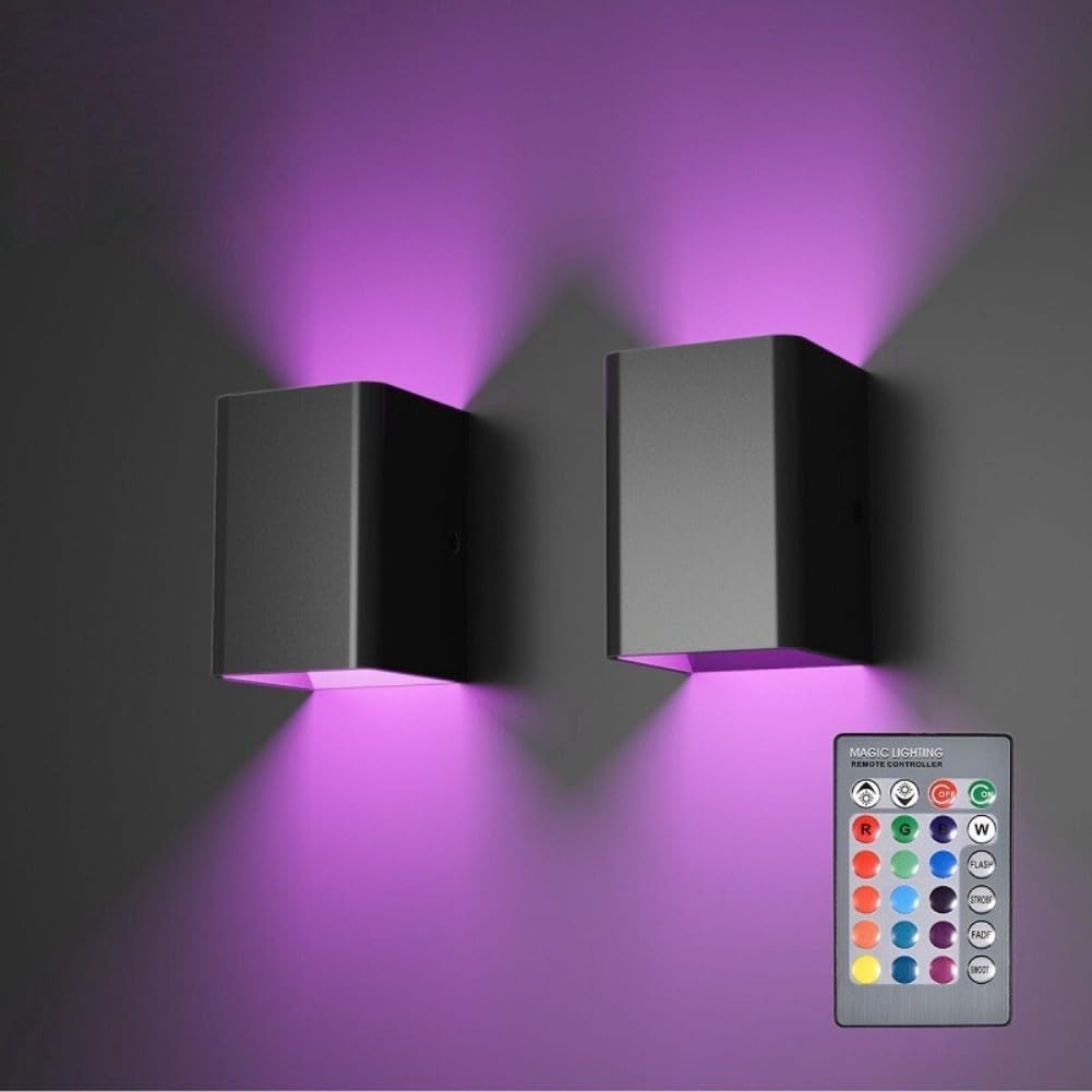 EBILUN 2 Packs RGB Wall Lights with Remote, Indoor Outdoor Dimmable Wall Lights,LED Up Down Wall Lamp for for Hallway Living Room, Bedroom, Yard (Black)