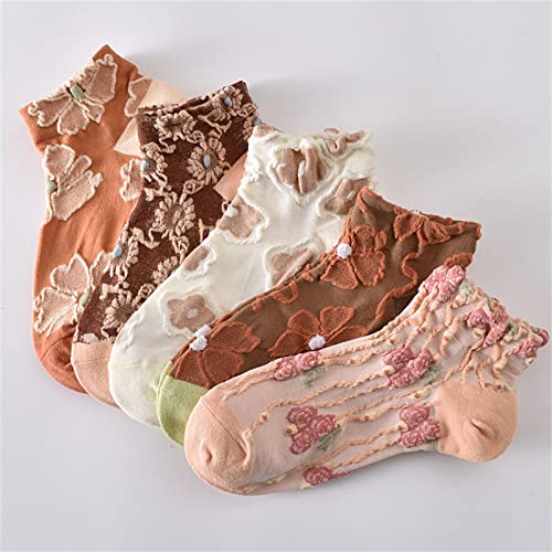 5 Pairs Floral Nordic Stripe Textured Flower Cotton Socks for Women and Girls - Vintage Cute Sweet (5S-H)3