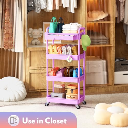 Image of SUNALLY Makeup Cart Organizer with Drawer,4 Tier Rolling Makeup Cart,Purple