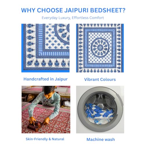 Image of JAIPUR PRINTS 100% Cotton Bedsheet for Double Size Bed bedsheets Rajasthani Jaipuri Printed Double Size Bedsheet with 2 Pillow Cover / 90x100 inch / 235x215 cm / (Blue & White)