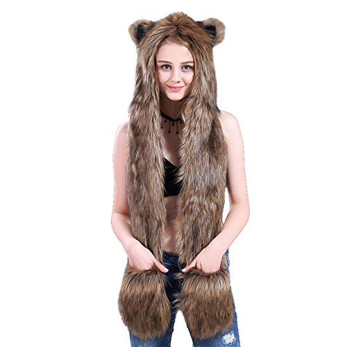 Woneart Sombrero Gorro Disfraz Cosplay De Animal Adulto Mujer Niños Felpa Orejera Bufanda con Capucha Pata Guantes Invierno Carnaval Regalo (Grass Yellow)