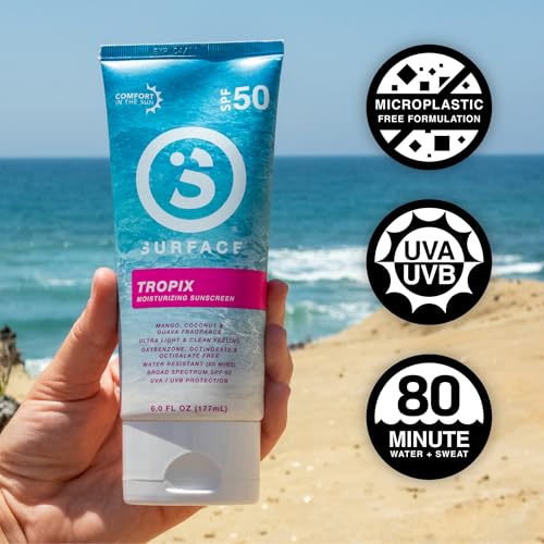 Surface Sunscreen Lotion SPF 50 for Face & Body, Lightweight Natural Formula, Reef Friendly, Broad Spectrum UVA UVB Protection, Water Resistant Sun Care for 80 Minutes Outdoor Use, Tropical Scent, 6oz