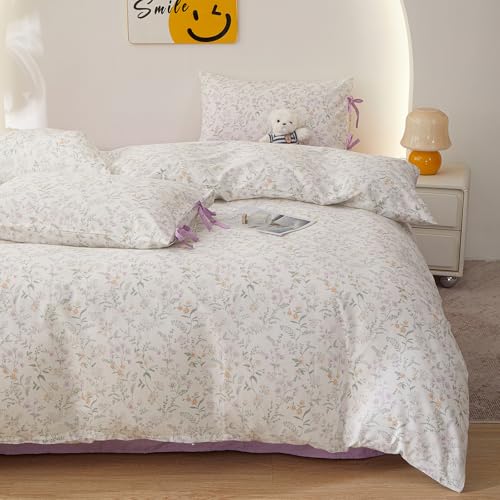 Image of LifeTB Vintage Floral Comforter Set King, Cottagecore Aesthetic Cute Flower Pattern Comforter for All Seasons, Lightweight Coquette Bedding Set Flowers Botanical Comforter with 2 Bow Ties Pillowcases