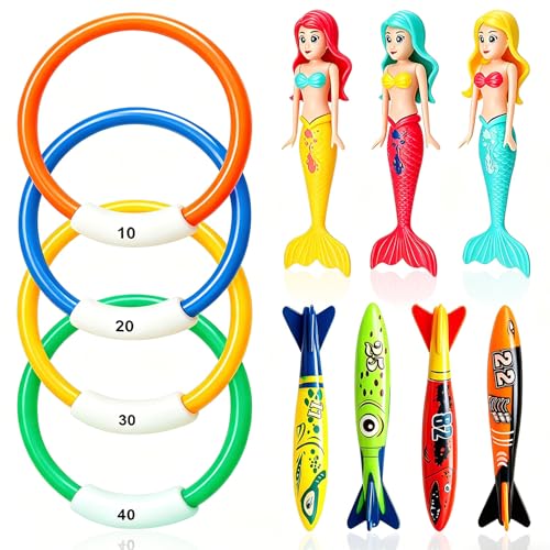 LANGNIDORIS 11 Stück Tauchspielzeug für Kinder Set Tauchringe für Kinder ab 4 Jahren mit Tauchringen Meerjungfrauen Toypedo für Sommer Unterwasserspiel Poolpartys