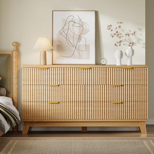 Image of BORNOON Fluted 7 Drawer Dresser, 47.2 inch Wide Modern Boho Chest of Drawers, Wooden Storage Dresser TV Stand for Bedroom, Living Room, Closet, Hallway, Curved Profile Design