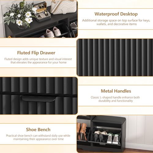 Image of HUANLEGO Shoe Cabinet Storage for Entryway with 4 Flip Drawers, Black Fluted Shoe Cabinet with Bench, Wooden Hidden Shoe Rack Freestanding Narrow Slim Shoes Storage Organizer for Hallway, Entrance
