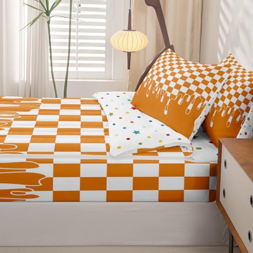 Image of Orange Checkered Twin Zip Up Comforter Set for Boys Girls,Checkerboard Drip Printed Bedding with Matching Fitted Sheet & Pillow Shams,Indie Aesthetic Funky Modern Geometric Durable Kids Bed in a Bag