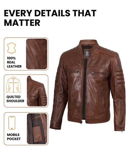 Image of Decrum Cafe Racer Leather Jacket for Men - Real Lambskin Motorcycle Style Mens Jacket with Zipper Closure