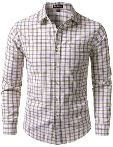 LucMatton Men's Lightweight Gingham Dress Shirt Casual Business Slim Fit Plaid Long-Sleeve Button Down Shirts Beige Large
