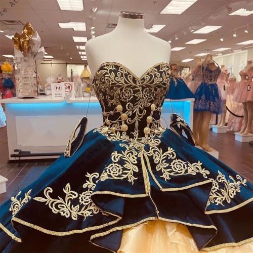 Velvet Gold Embroidered Organza Tiered Ball Gown Quinceanera Dresses with Detachable Sleeves Charro 20254