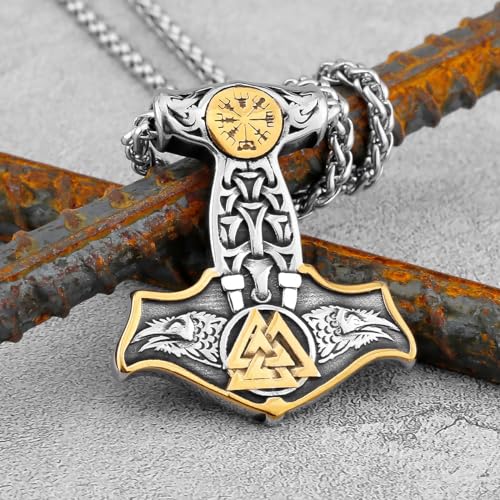 LOBON Viking Thor Hammer Necklace Nordic Vegvisir Valknut Symbol Pendant Stainless Steel Norwegian Amulet Jewelry Gift for Men Women3