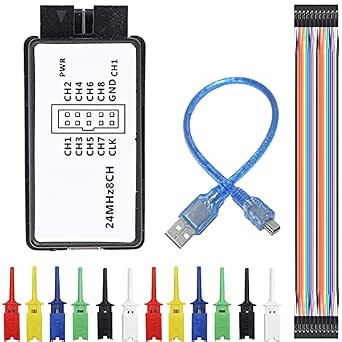 USB Logic Analyzer Device 24MHz 8CH UART IIC SPI Debugging Tool with Mini USB Cable and Test Hooks