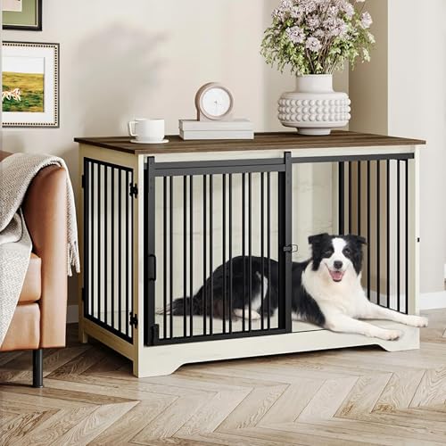 Hzuaneri 100cm Gabbia per Cani, Tavolo Supplemento, Nicchia Moderna per Cani, Gabbia per Cuccioli, Casetta per Animali, 2 porte, 60 x 100 x 68 cm, Bianco e Marrone DFC02314B