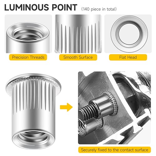 140Pcs Kit d'assortiment pour les écrous de rivet, #8-32#10-24 1/4"-20 5/16"-18 3/8"-16, 304 Noix en acier inoxydable, kit de rivets pour le corps, inserts filetés pour le bois & Métal par Mywish