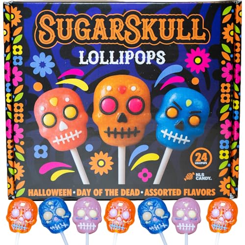 Halloween Sugar Skull Lollipops Candy, 24 Pack, Dia De Los Muertos, Strawberry, Orange, and Blue Raspberry Suckers