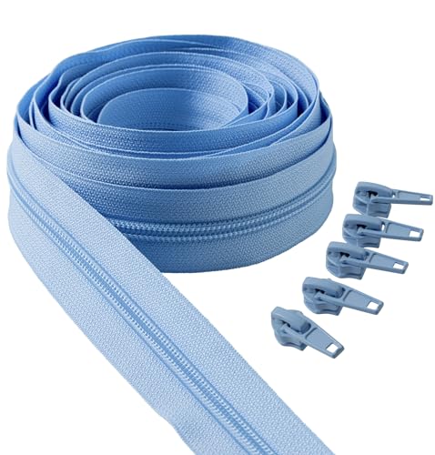 IPEA 5 Metre Blue Continuous Chain Zipper + 15 Metal Sliders, Made in Italy, Chain Size #5, Nylon Zippers, Zip