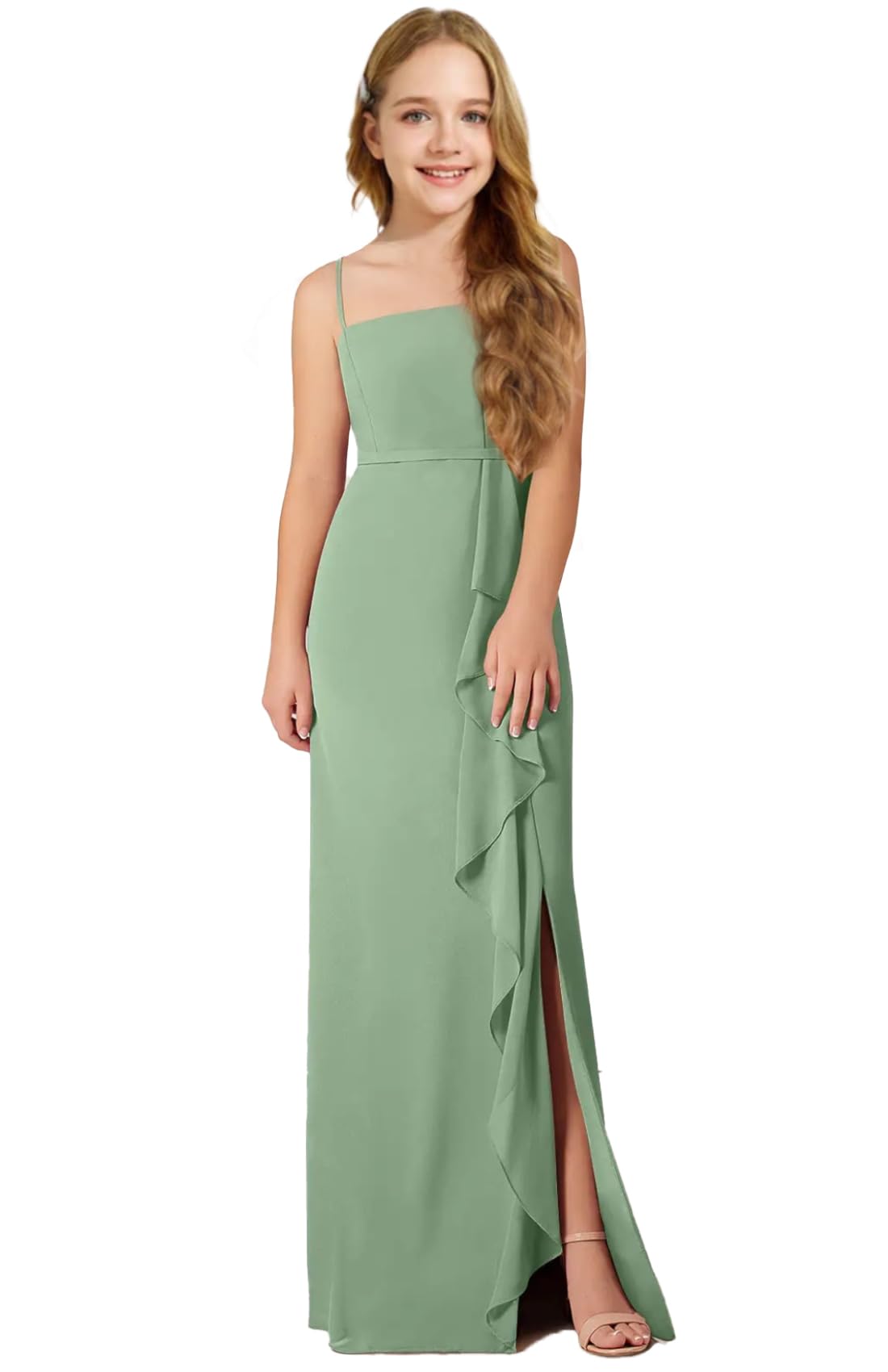 Augday Chiffon Juniors Bridesmaid Dresses with Slits Spaghetti Straps Flower Girl Dresses Wedding Party Dress UJR002