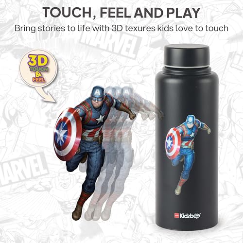 Image of CELLO Kidzbee Vortex Single Wall Steel Water Bottle For Kids 700 ml | 3D Touch & Feel Captain America Design Fridge Safe Spill Proof & Leak Proof Stainless Steel Water Bottle For School Kids & Travel