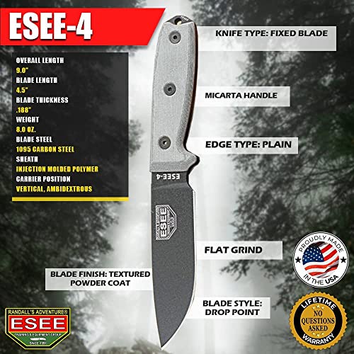 Image of ESEE 4P Survival Knife - Field Tested Fixed Blade Knife with Molded Polymer Sheath & Clip Plate, Full Tang, Plain Edge - Durable Outdoor Camping Blade with Sheath for Survival
