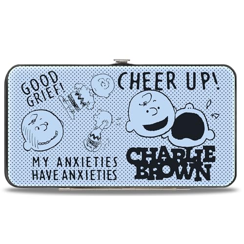 Peanuts Wallet, Hinged, Charlie Brown Poses and Quotes Baby Blue Black, Vegan Leather