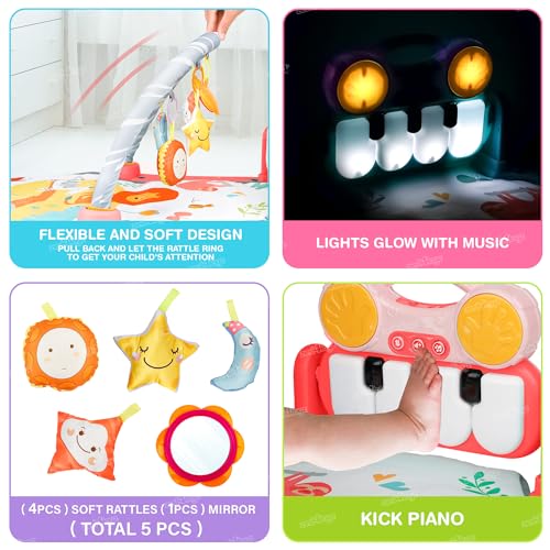 Image of Zest 4 Toyz Bluetooth Baby Play Mat for Babies Play Gym Floor Mat for Kids with Hanging Rattles Lights & Bluetooth Piano Keyboard Kick and Play Bed Piano for New Born Baby Gifts (Pink)