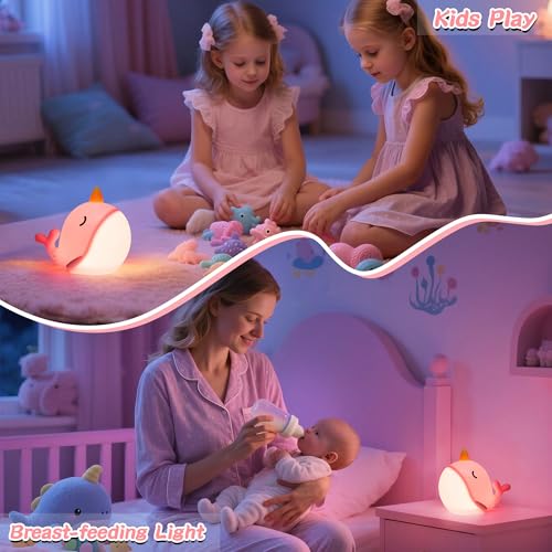 Image of Narwhal Night Light for Kids, Whale Nursery Lamp Animal Silicone Nightlight with Dimmable & 30 Mins Timer, Pefrect Gifts for Girl Women Friend Birthday Holiday Bedroom Bedside Table Decoration