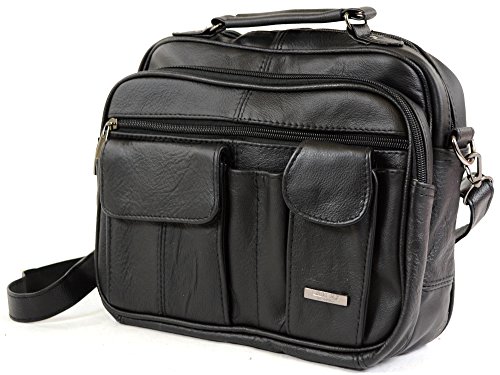 Leather Travel Bag with Carry Handle, Detachable Shoulder Strap and Mobile Phone Pocket (Black)