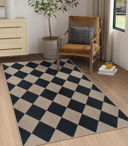 Easy Jute Checkered Area Rug, 3x5 Indoor Outdoor Entryway Rug Washable Black Modern Diamond Kitchen Rugs, Non-Slip Neutral Farmhouse Throw Carpet for Living Room Patio Kids Room