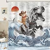 hometrixx Cortina de Ducha Divertida 180x200 cm Anime Gato Dinosaurio Sol Japonesa Onda Marina Azul Impermeable Poliéster Cortina Bañera con 12 Ganchos Lavable a Máquina para Baño Bañera