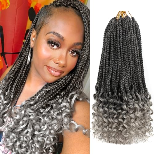Box Braids Crochet Hair 14 Inch Crochet Braids Hairs 8 Packs Bohemian Box Braid Crochet Hair with Curly Ends Goddess Box Braids Crochet Hair Extensions for Black Women(Tgray)