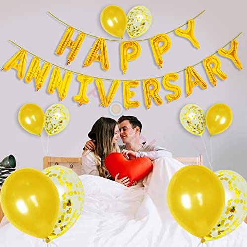 Image of Propsicle 16 inch Golden Happy Anniversary Helium Foil Letter Balloon 5 Golden Confetti 5 Metallic Balloon Combo /Decoration Item for Anniversary Party - 26 Balloons