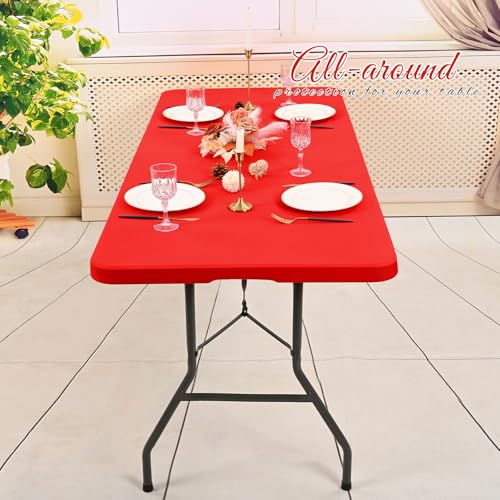 10 Pack Stretch Fabric Table Top Cap Cover, Red Table Covers fits 8Ft Tables, Washable Elastic Universal Rectangle Tablecloth Protector for Indoor Outdoor Party Picnic Wedding (30" W x 96" L) by Pesonlook - Image 6