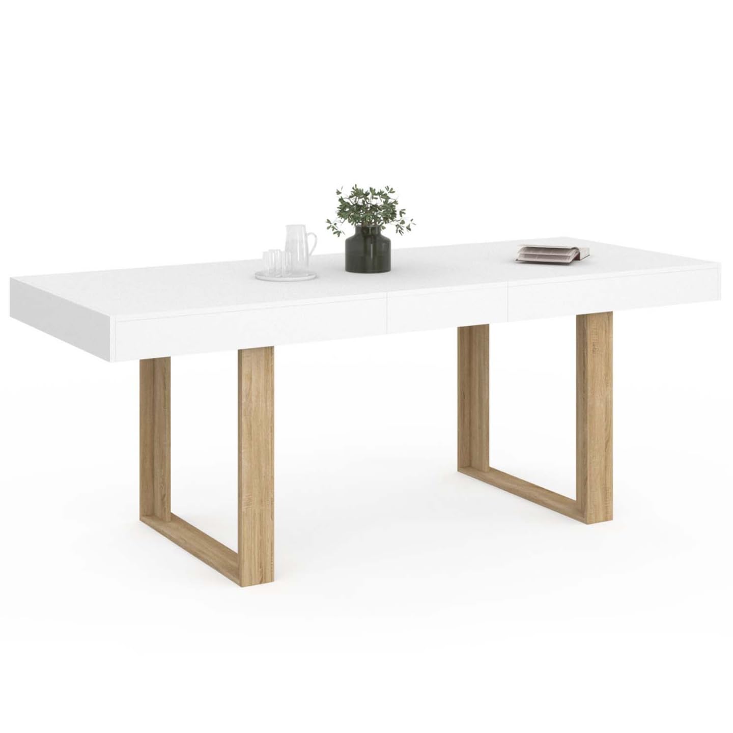 IDMarket Phoenix - Mesa de comedor extensible rectangular (4 – 8 personas), color blanco, patas de madera 160 – 200 cm)
