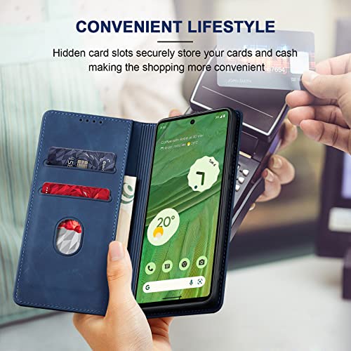 Image of Jasonyu Mobile Phone Case for Google Pixel 7 Leather Flip Foldable Shockproof Magnetic [Premium PU Leather] [Stand Function] [Card Slots] Protective Flip Case for Google Pixel 7 Blue