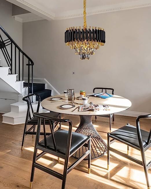Image of BASLASH Modern Crystal 400mm Chandelier Black and Gold Chandelier Round Chandeliers Pendant Ceiling Light Fixture Flush Mount Chandelier for Dining Room Living Room Bedroom Foyer Hallway Entryway