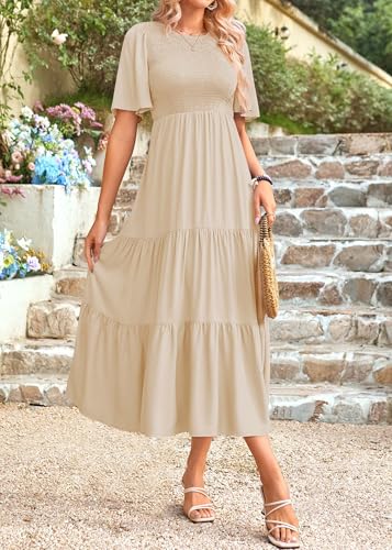 Image of KIRUNDO Summer Dresses for Women 2026 Spring Casual Flutter Short Sleeve Wedding Guest Smocked Flowy Tiered Aline Midi Dress
