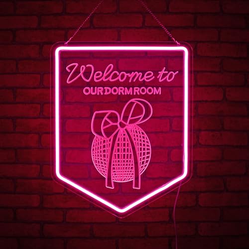 Image of Neon Sign Welcome To Our Dorm Room, JGHTURIE Bow Neon Signs for Wall Decor Art Carving Design Pink Light up Preppy Girls Room Decor for Club Party Event Decoration USB Powered