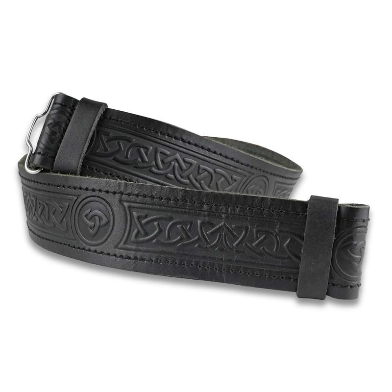 Men's Kilt Belt – 100% Leather with Embossed Celtic Designs, Adjustable Velcro Liner, Scottish Highland Kilts Belt