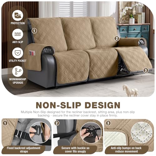 Image of TAOCOCO 100% Waterproof Recliner Sofa Cover, Non Slip Split Couch Covers for Reclining Couches with Elastic Straps, Washable Reclining Sofa Cover Furniture Protector for Kids Pets(3 Seater, Camel)