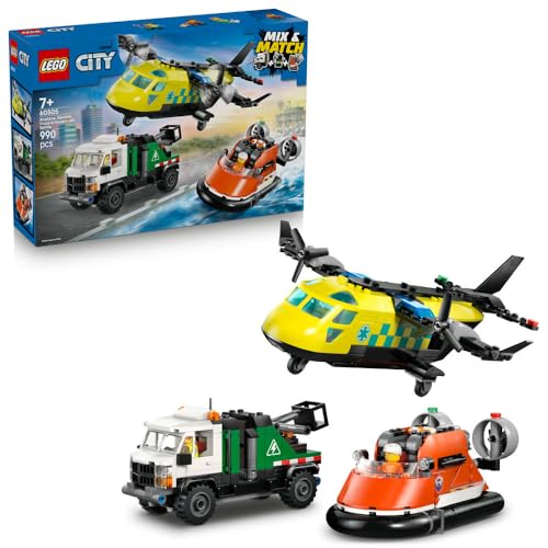LEGO City 3in1 Airplane Service Truck & Hovercraft Remix Toy - Mix & Match Model Vehicles Kit w/ 3 Minifigures - STEM Birthday Gift Idea for 7+ Year Old Boys - 60505