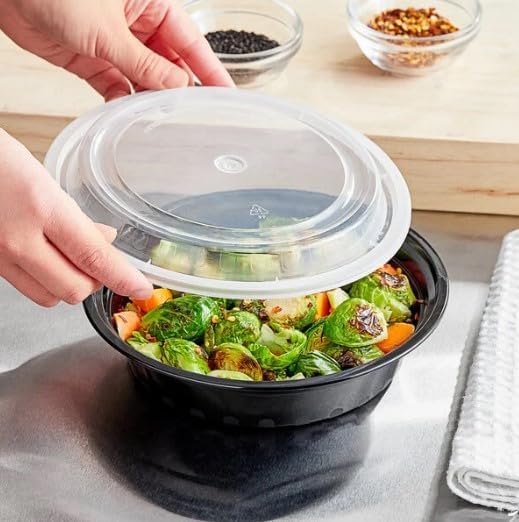 24 Oz Black Microwaveable Pp Teriyaki Bowl With Clear Lid Combo 300/Case