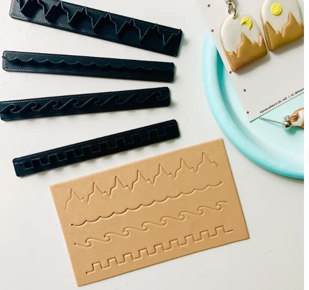 A1 3D Prints Polymer Clay Line Cutter | Mountains | Scallop | Waves | Castle | Cutter| for Pattern Making on earings, Set of 4 Designs