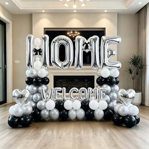 Image of TONIFUL 2 Size Silver WELCOME HOME Foil Letter Balloons Banner Decorations