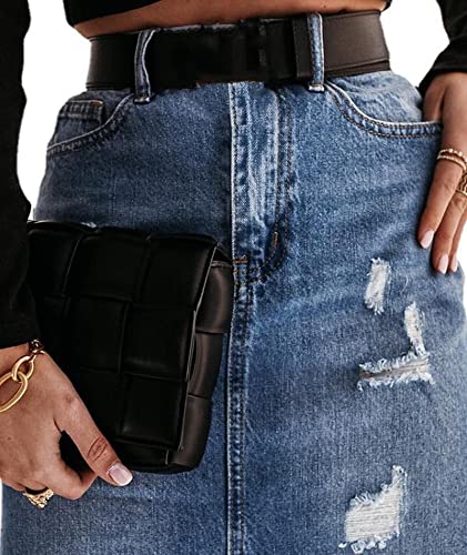 SOMTHRON Women's Ripped Distressed Denim Skirt Frayed Raw Hem Knee Length Split Front Bodycon Jean Skirts4