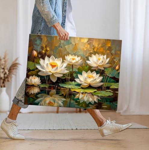Image of ArtX White Lotus Painting For Wall Vastu, Canvas Painting for Living Room, Premium Floral Wall Painting, Gallery Wrapped, Home, Bedroom & Office Wall Decor | 45 x 58 cm
