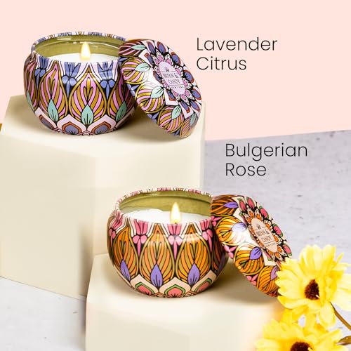 Image of Bryan & Candy Scented Candles Gift Set for Men & Women,60gm Each Soy Wax Eco-Friendly Printed Tin, Pack of 2 (Lavender Citrus & Bulgarian Rose)