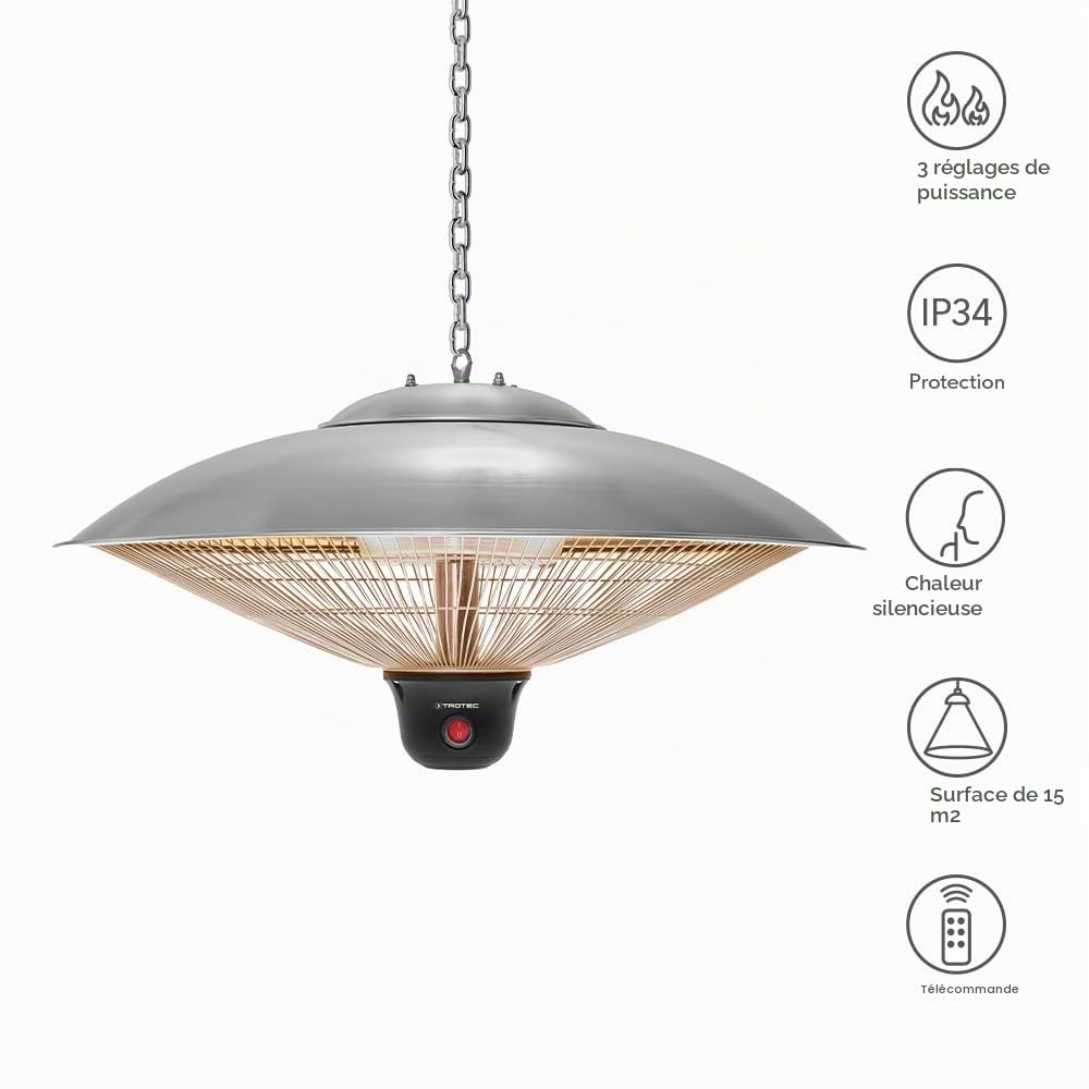 TROTEC Chauffage infrarouge suspendu design inox IR 2000 SC 3 vitesses