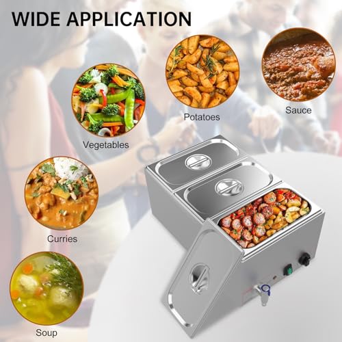 Valgus Edelstahl 3 Abschnitte 16L Bain Marie Speisenwärmer Elektrische Suppenwärmer Arbeitsplatte Steamer mit Deckel und Wasserhahn für Parteien, Bankett und Catering-Events – Bild 7